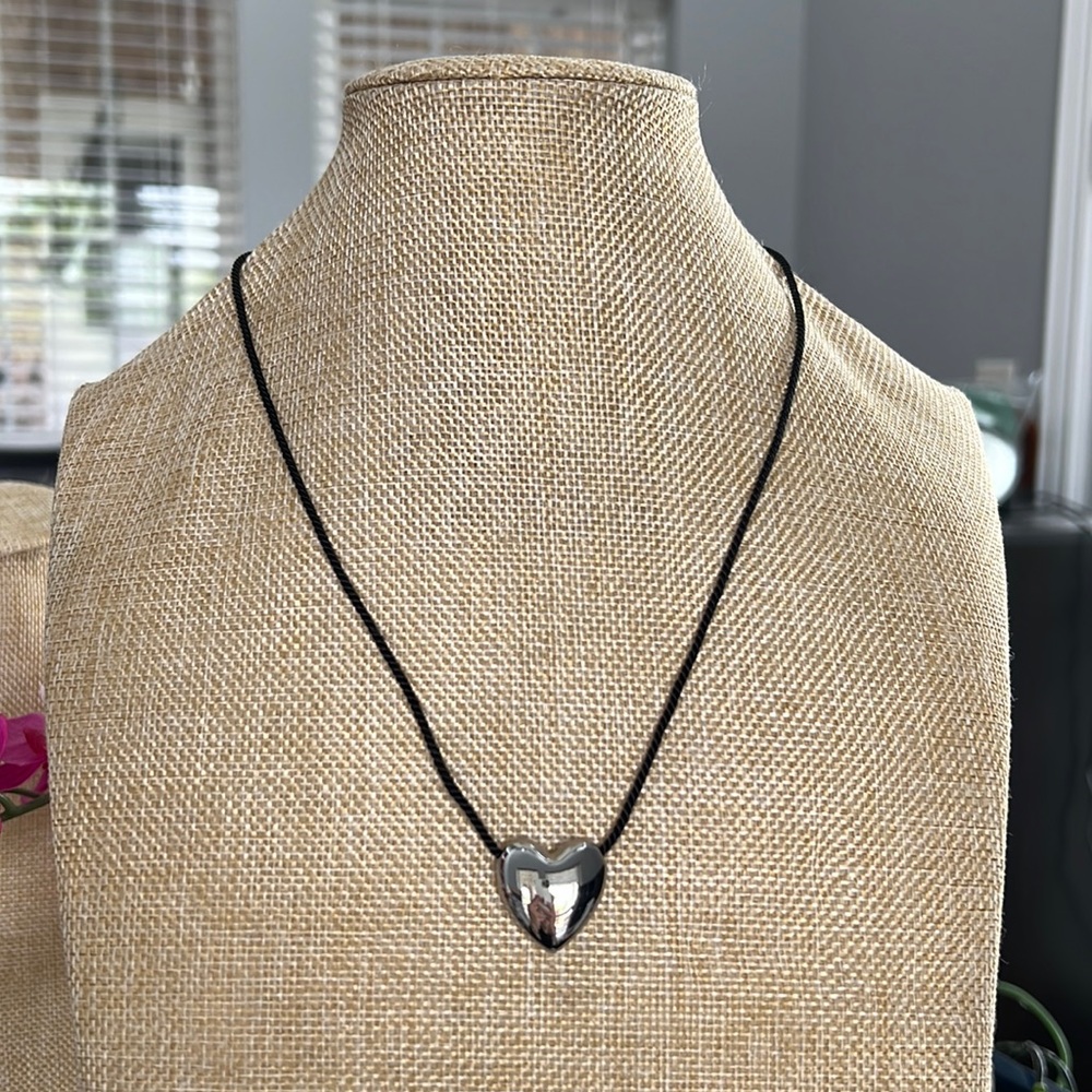 Park Lane Silver Heart and Black cord Necklace
